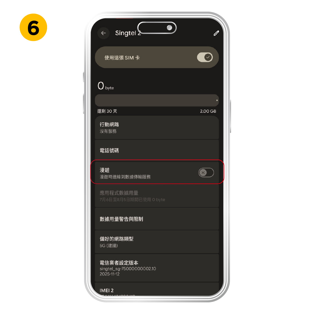 Android 啟用方式，步驟 6：依方案需求開啟「數據漫遊」。