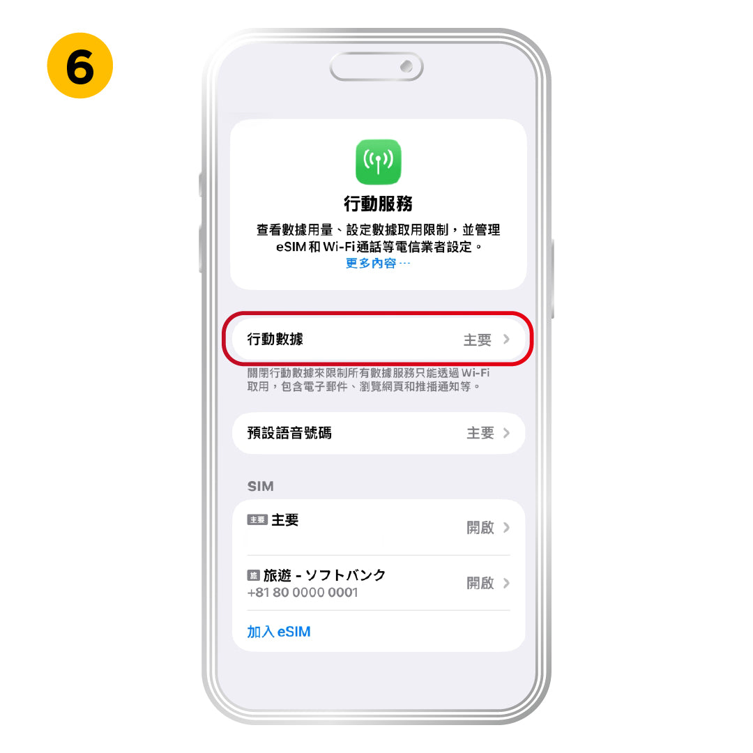 iOS 啟用方式，步驟 6：回到上一頁，並點選「行動數據」。