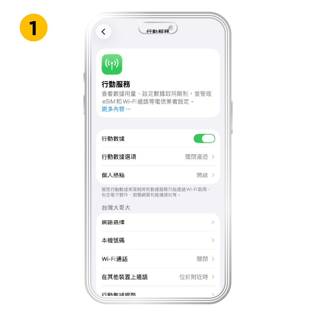 iOS 一般安裝方式，步驟 1：點選設定裡的「行動數據」。